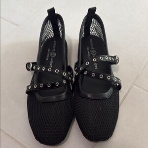 Chinese Laundry Black Mesh Flats with Studded Straps